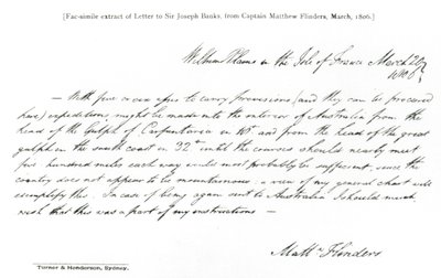 Facsimile kopie van een brief aan Sir Joseph Banks van kapitein Matthew Flinders, gedateerd maart 1806, uit The History of Australian Exploration from 1788-1888, 1888 door Matthew Flinders